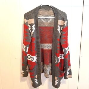 Stylish Gray & Red Western Aztec Navajo Pattern Women's Sweater Size L Like New